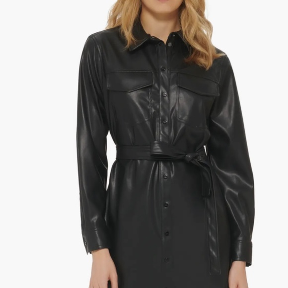 NWT_DKNY Long Sleeve Faux Leather Shirtdress  Snap-Closure Belted Medium - Picture 10 of 16